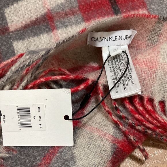 Calvin Klein red and gray plaid logo print wool cashmere scarf new with tags - Picture 4 of 7